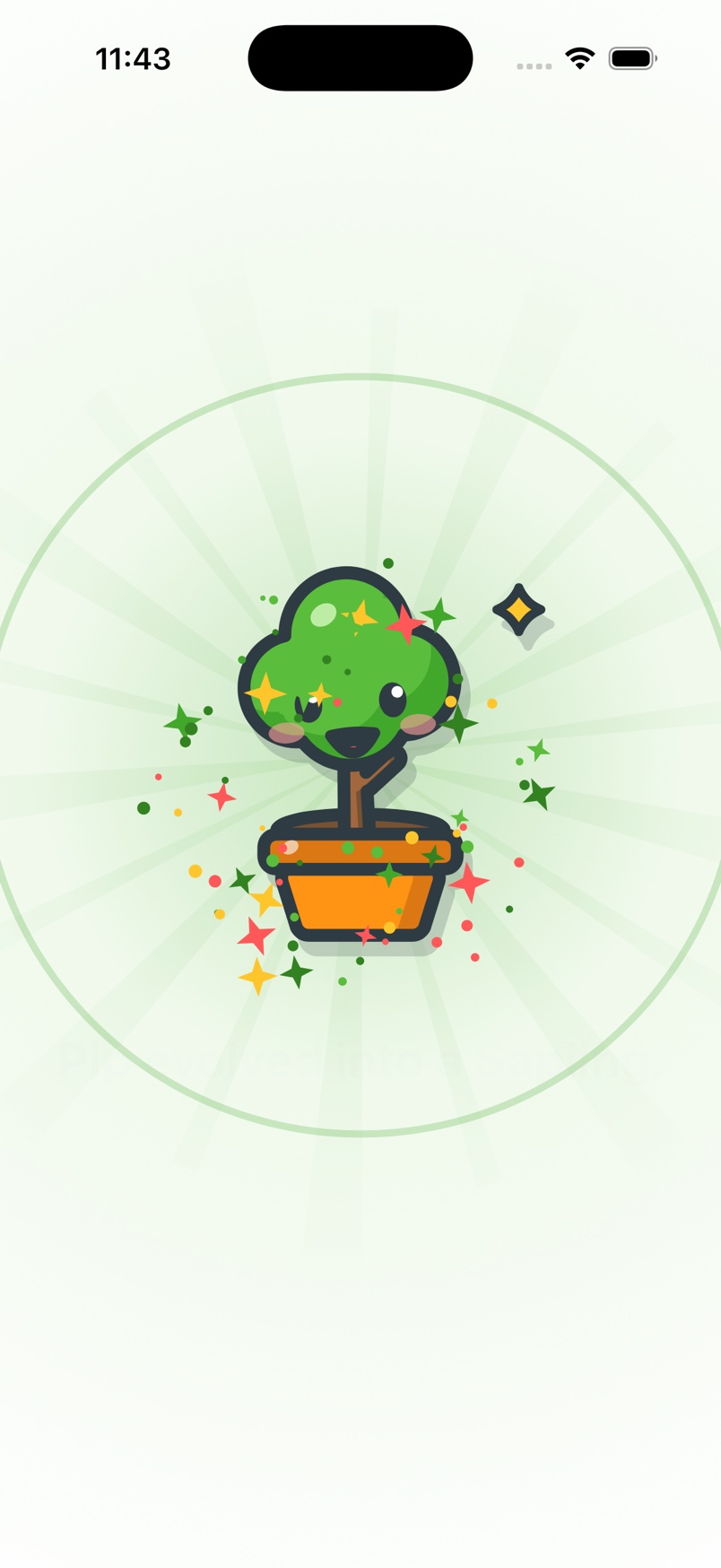 The evolution screen: a tree companion in an orange pot revealed in a burst of green, yellow and red sparkles.
