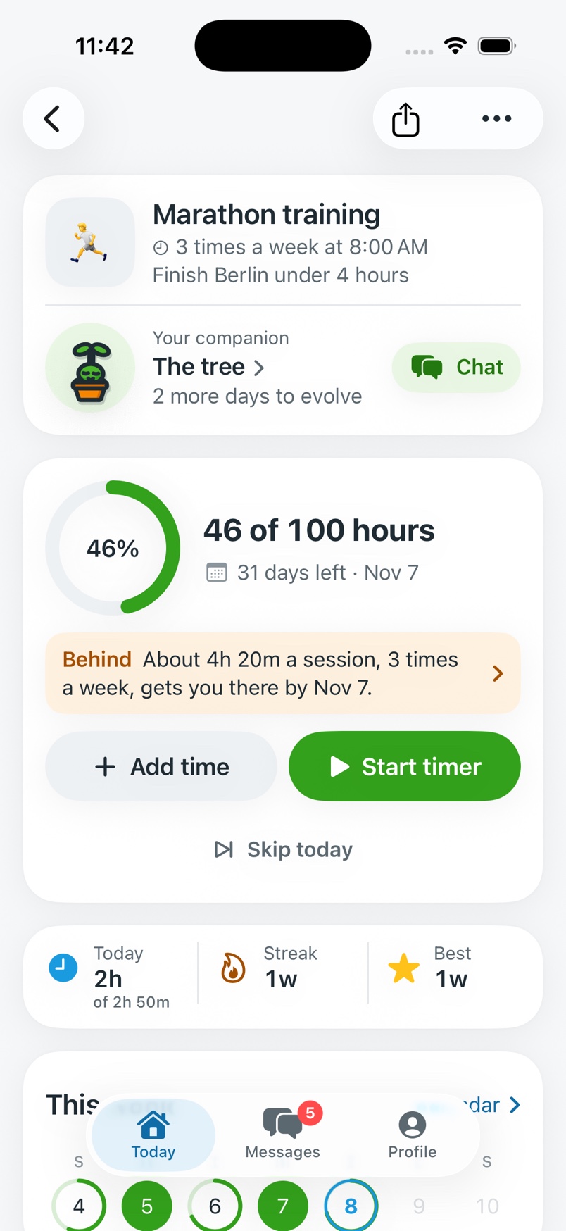 A goal page for Marathon training: 46 of 100 hours done with 31 days left, a Behind note saying about 4h 20m a session three times a week gets you there by Nov 7, and Add time and Start timer buttons.