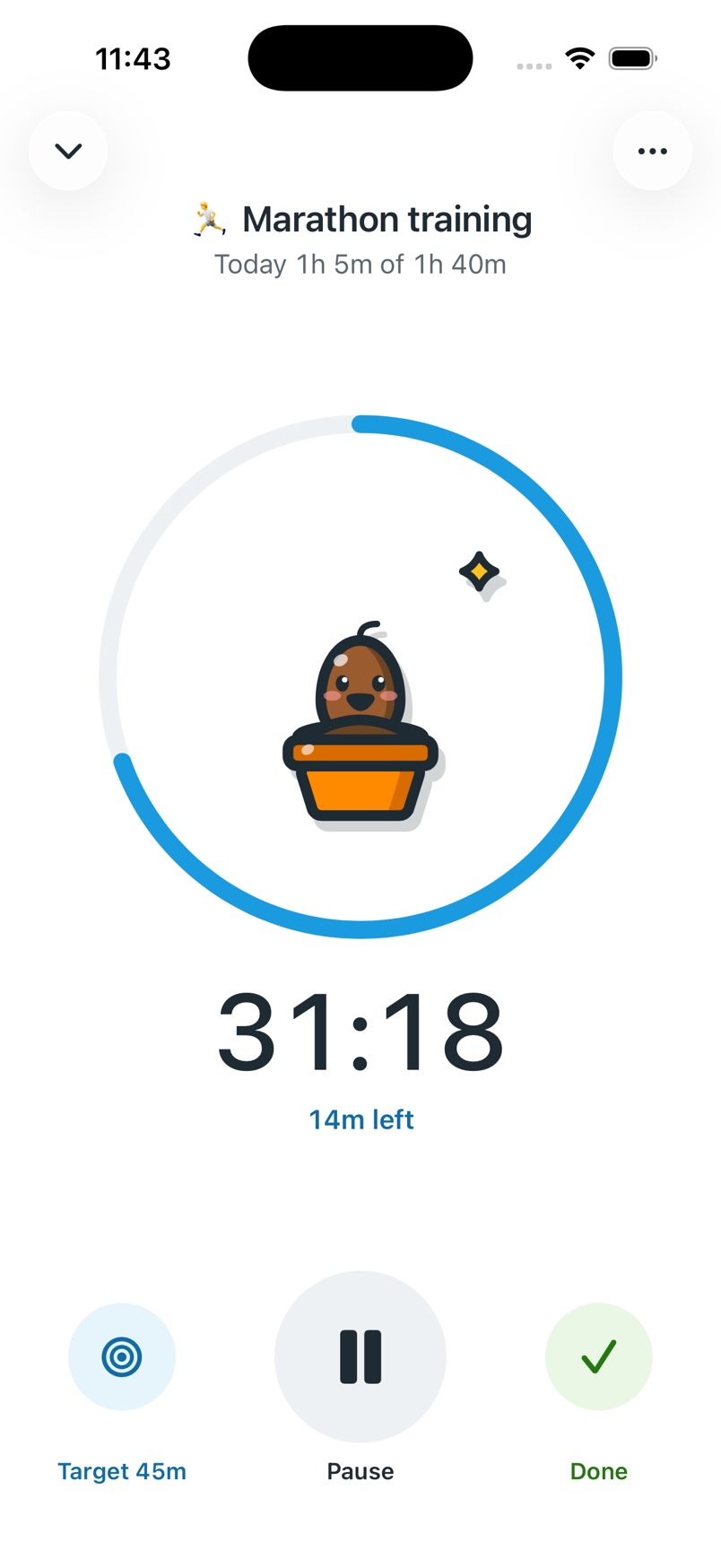 The timer screen for Marathon training: a blue ring around a seedling companion, 31:18 on the clock with 14 minutes left of a 45 minute target, and Pause and Done buttons.